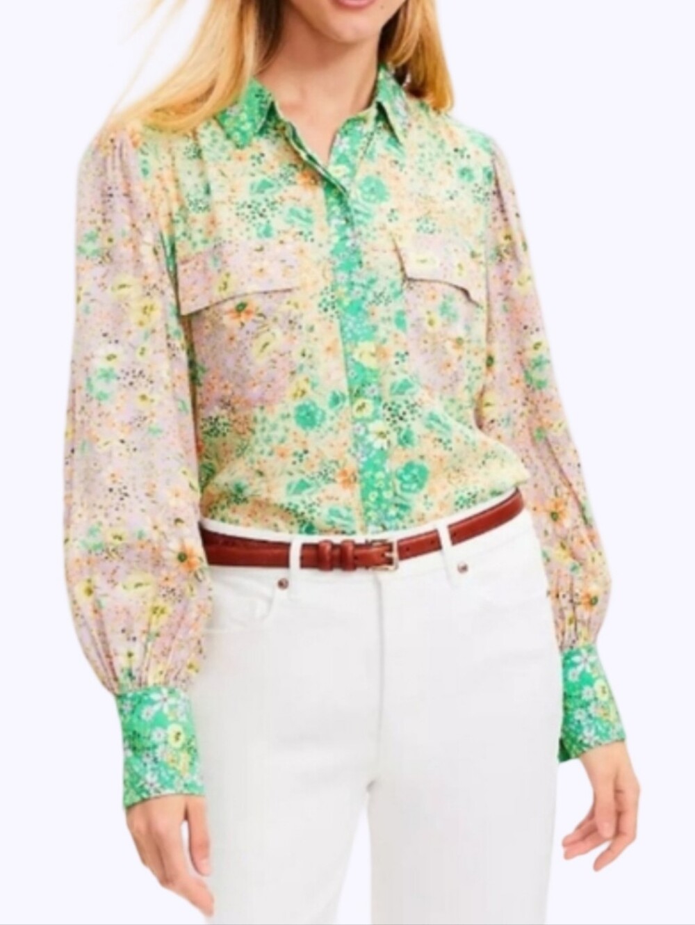 LOFT Mixed Floral Patchwork Button Down Blouse Green Pink Long Sleeve Top